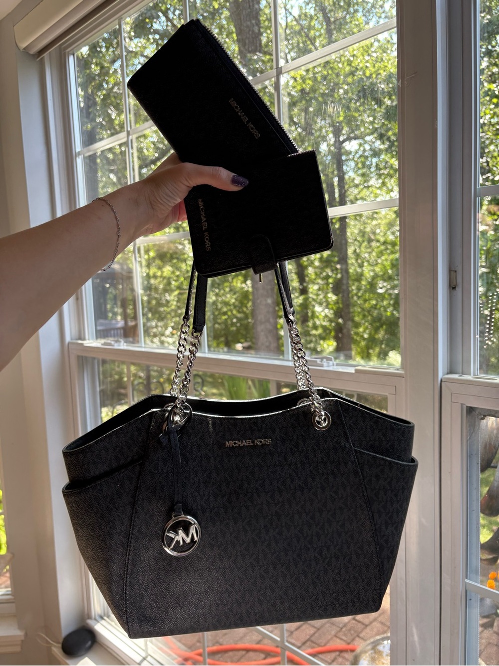 Michael Kors Black Logo Tote with Silver Chain Straps and Matching Wallet